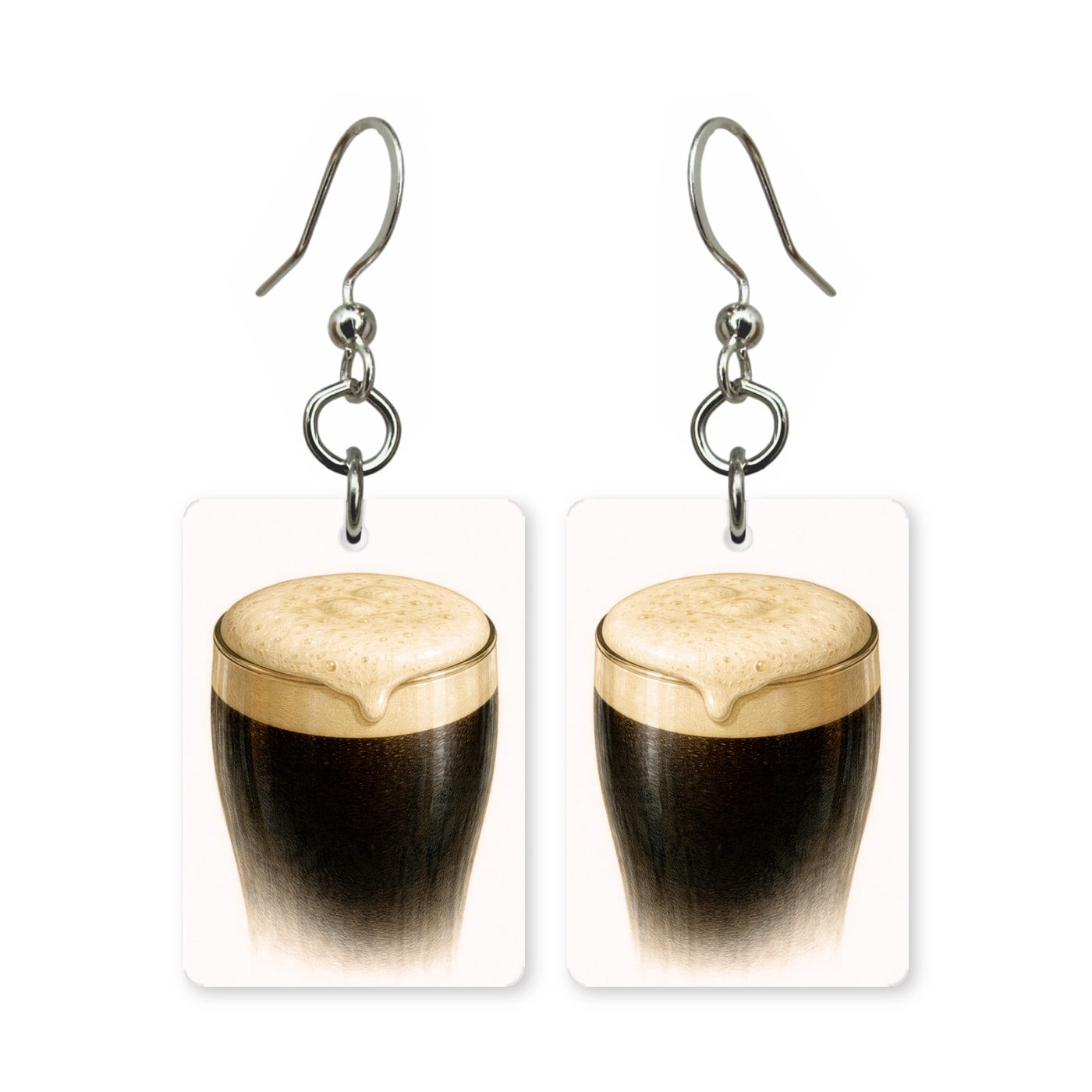 Irish stout earrings — pint of stout with settled head, cut-paper art, made in USA