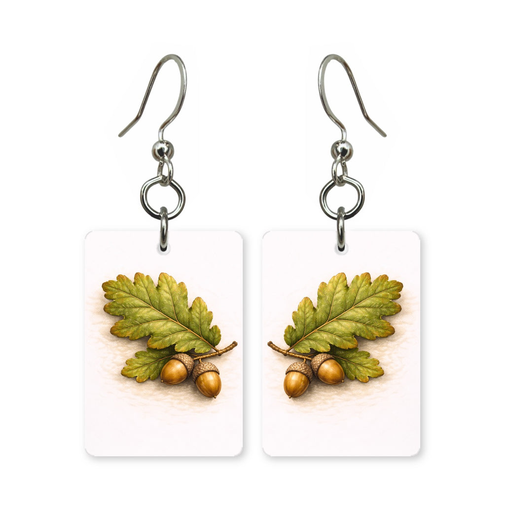 Oak and acorns earrings — oak leaves with acorns attached, cut-paper botanical art, made in USA