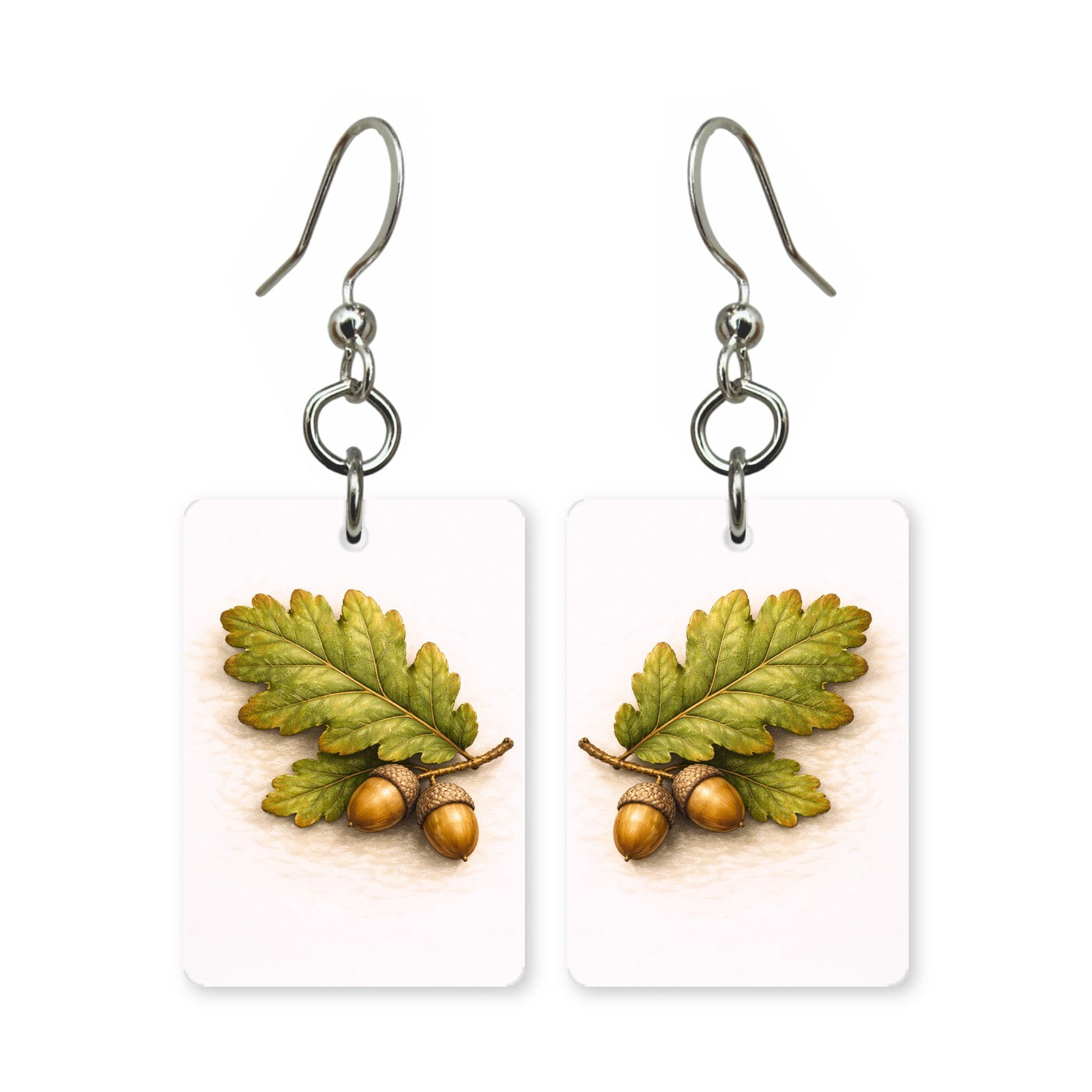 Oak and acorns earrings — oak leaves with acorns attached, cut-paper botanical art, made in USA