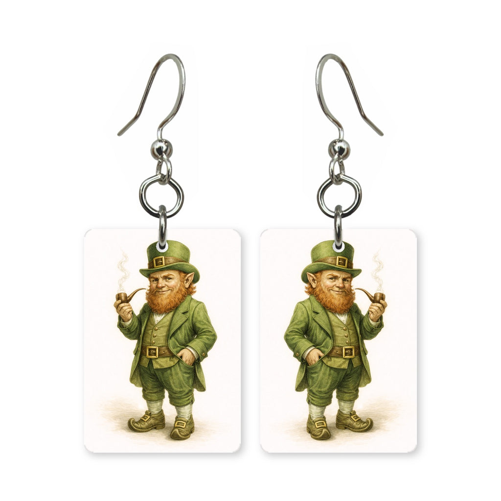 Irish leprechaun earrings — leprechaun in green hat and coat, cut-paper art, made in USA