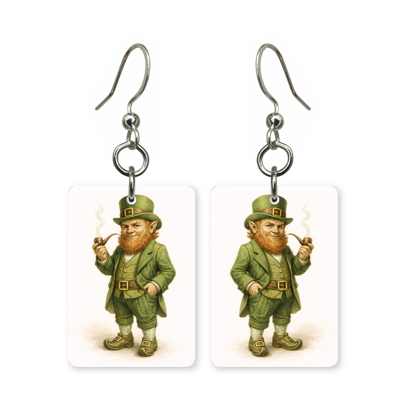Irish leprechaun earrings — leprechaun in green hat and coat, cut-paper art, made in USA