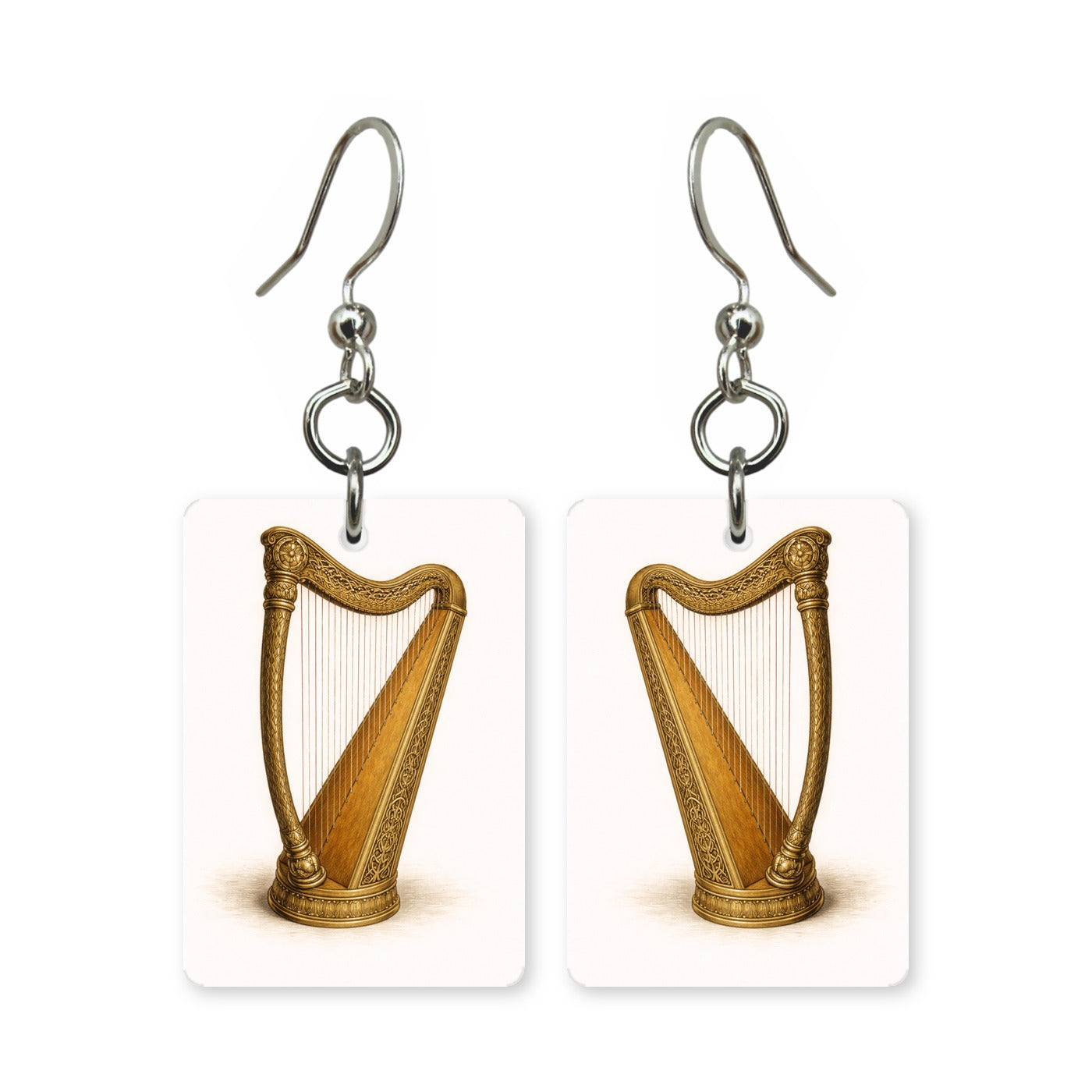 Celtic harp earrings — Irish harp in cut-paper design, made in USA