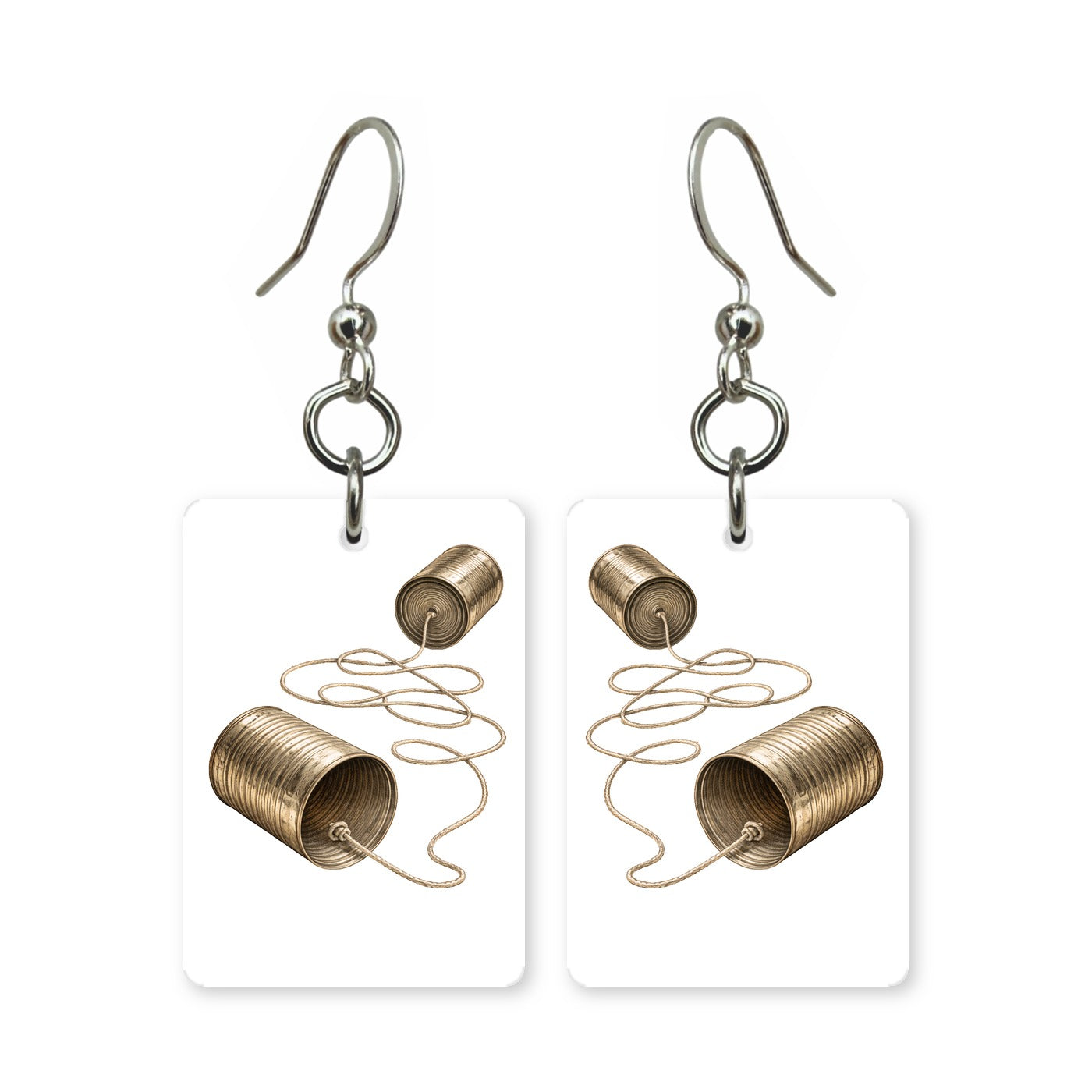 Tin can phone earrings — two tin cans on a string, cut-paper retro art, made in USA