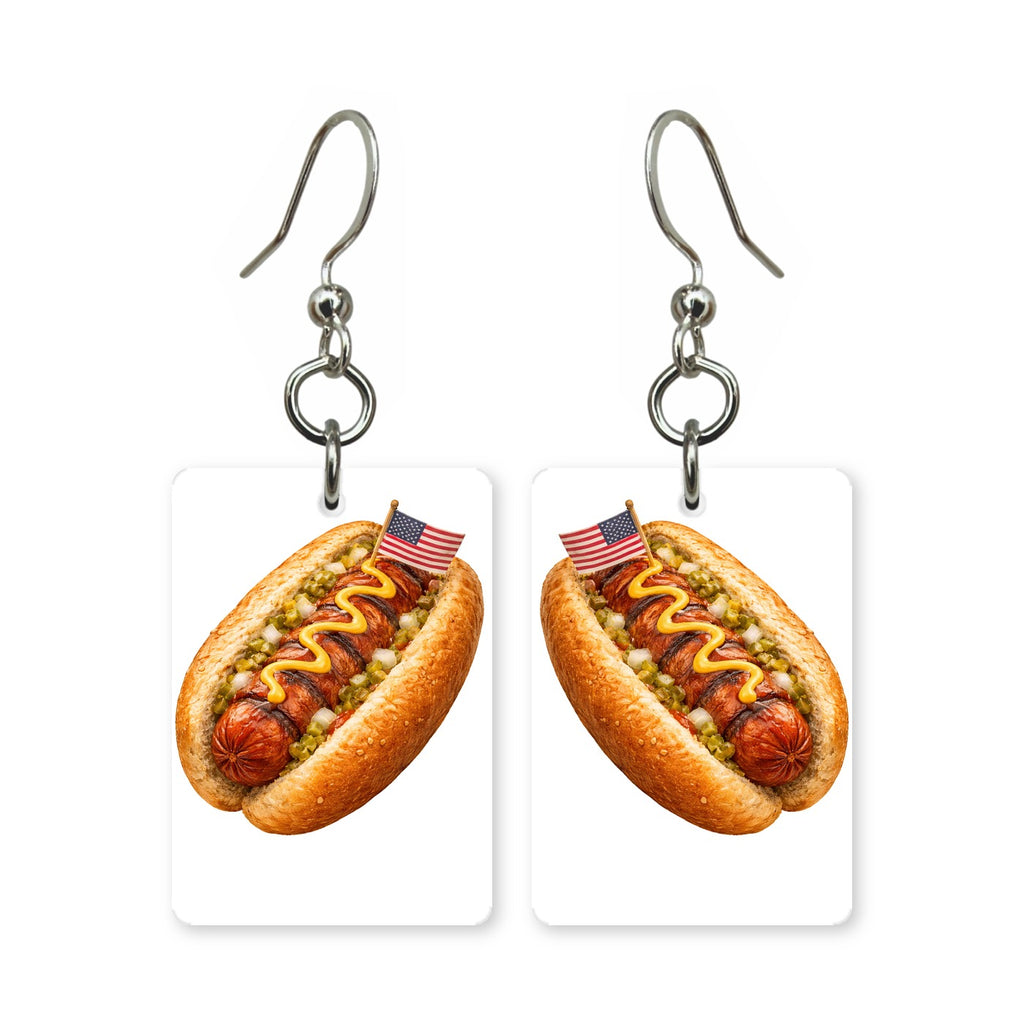 Flag hot dog earrings — hot dog wrapped in American flag colors, cut-paper art, made in USA