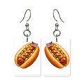 Flag hot dog earrings — hot dog wrapped in American flag colors, cut-paper art, made in USA