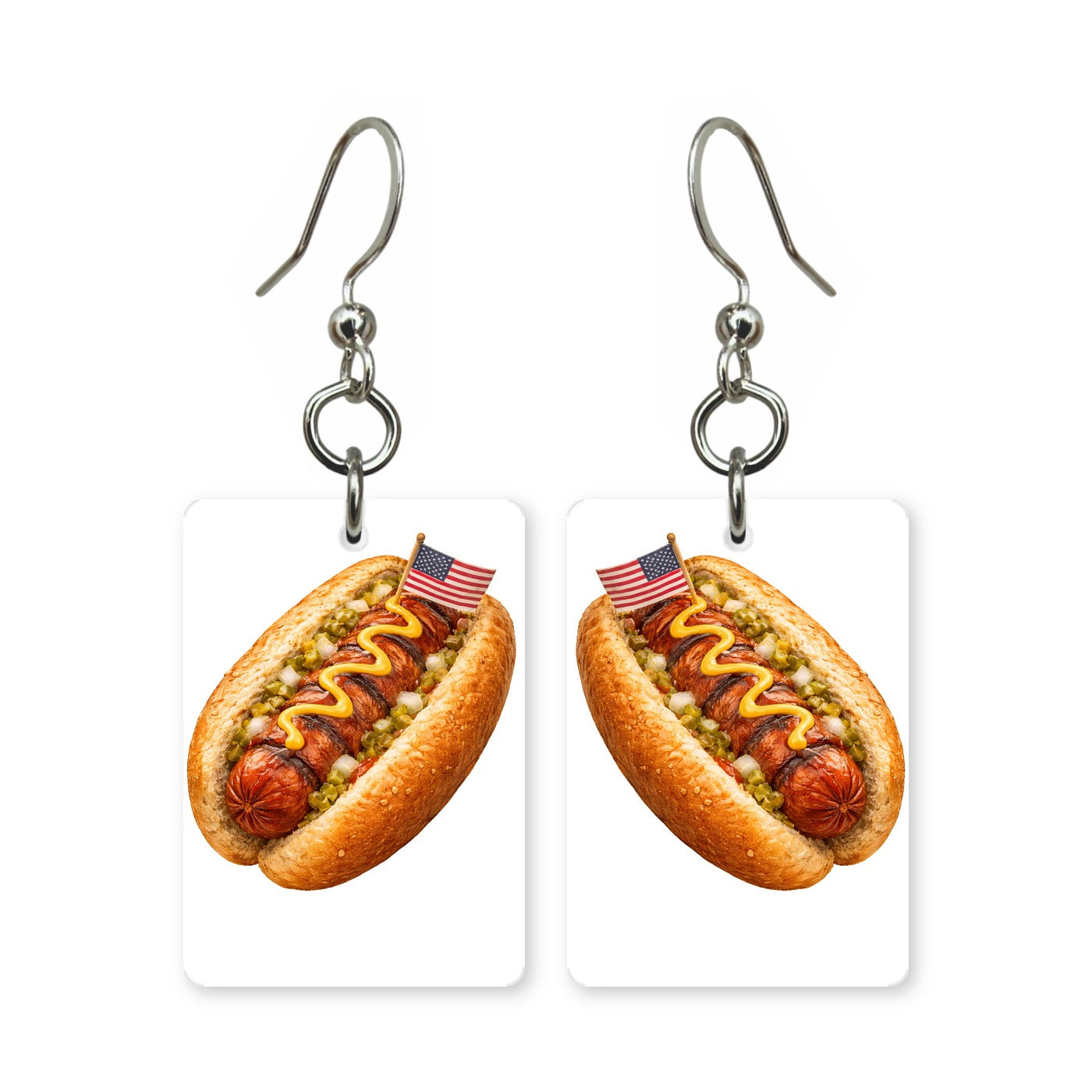 Flag hot dog earrings — hot dog wrapped in American flag colors, cut-paper art, made in USA
