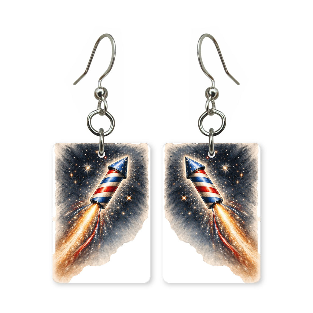 Firework rocket earrings — bottle rocket firework in cut-paper art, made in USA