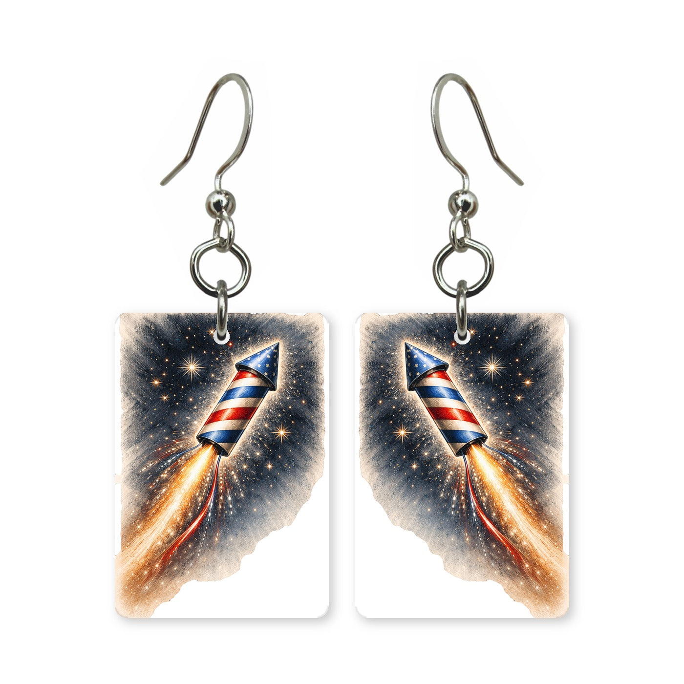 Firework rocket earrings — bottle rocket firework in cut-paper art, made in USA