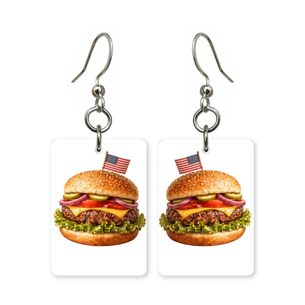 Patriotic burger earrings — cheeseburger in red, white and blue, cut-paper art, made in USA