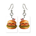 Patriotic burger earrings — cheeseburger in red, white and blue, cut-paper art, made in USA