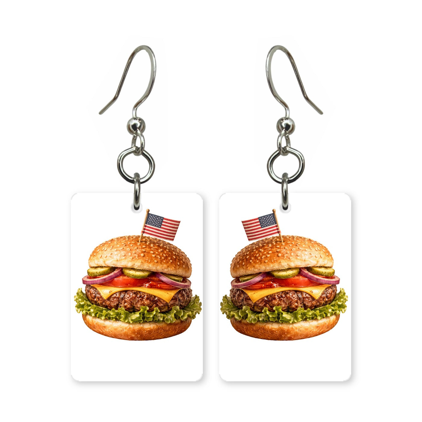 Patriotic burger earrings — cheeseburger in red, white and blue, cut-paper art, made in USA
