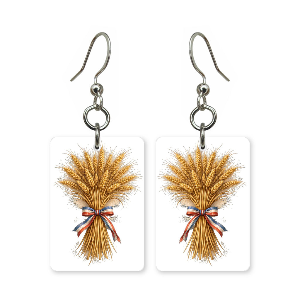 Wheat bundle earrings — tied bundle of golden wheat, cut-paper botanical art, made in USA