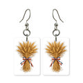 Wheat bundle earrings — tied bundle of golden wheat, cut-paper botanical art, made in USA
