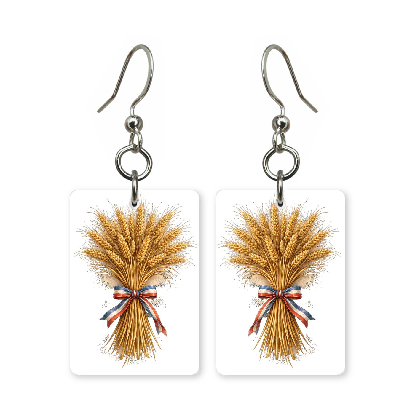 Wheat bundle earrings — tied bundle of golden wheat, cut-paper botanical art, made in USA