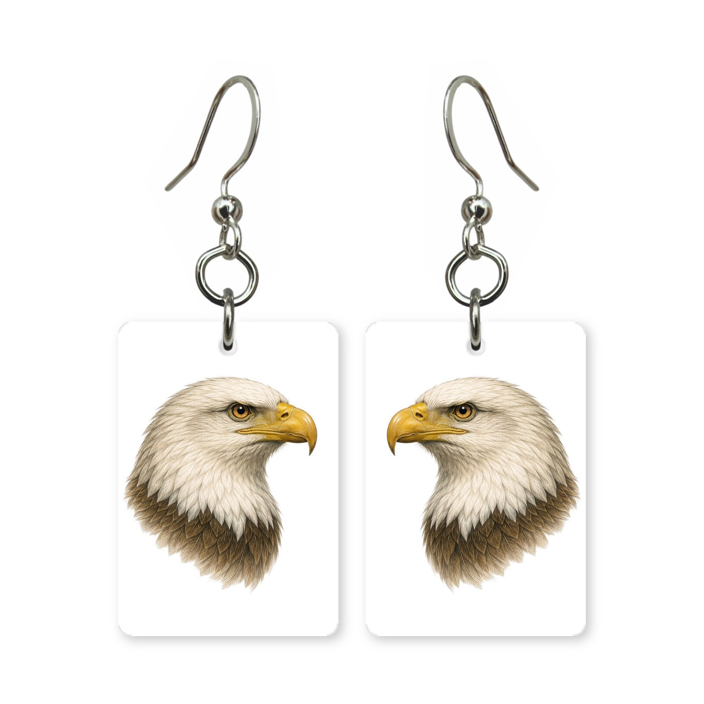 Bald eagle earrings — American bald eagle in patriotic profile, cut-paper art, made in USA