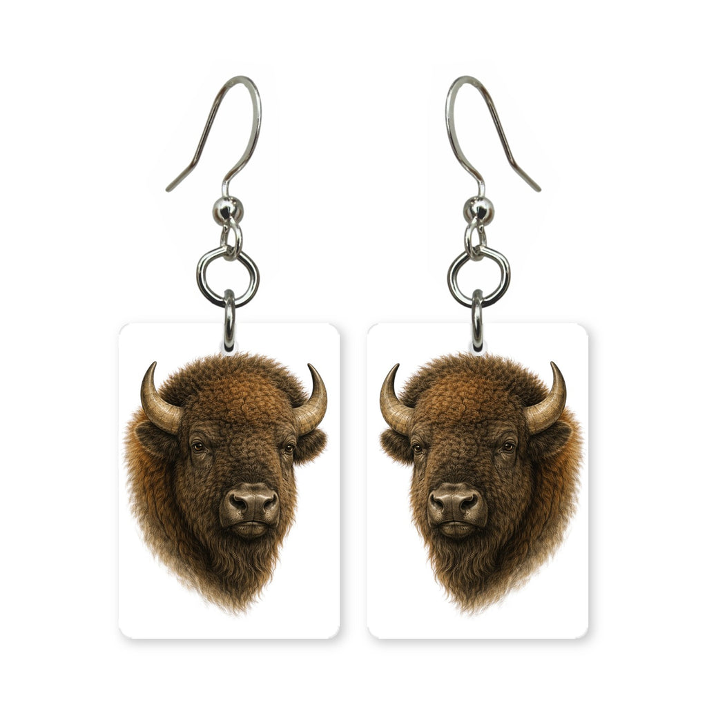 American bison earrings — shaggy buffalo portrait in cut paper, made in USA