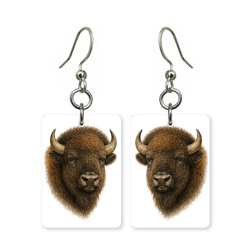 American bison earrings — shaggy buffalo portrait in cut paper, made in USA