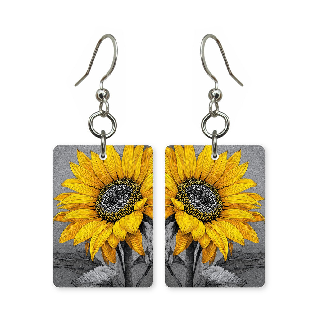 Golden sunflower earrings — sunflowers in deep warm gold, cut-paper art, made in USA