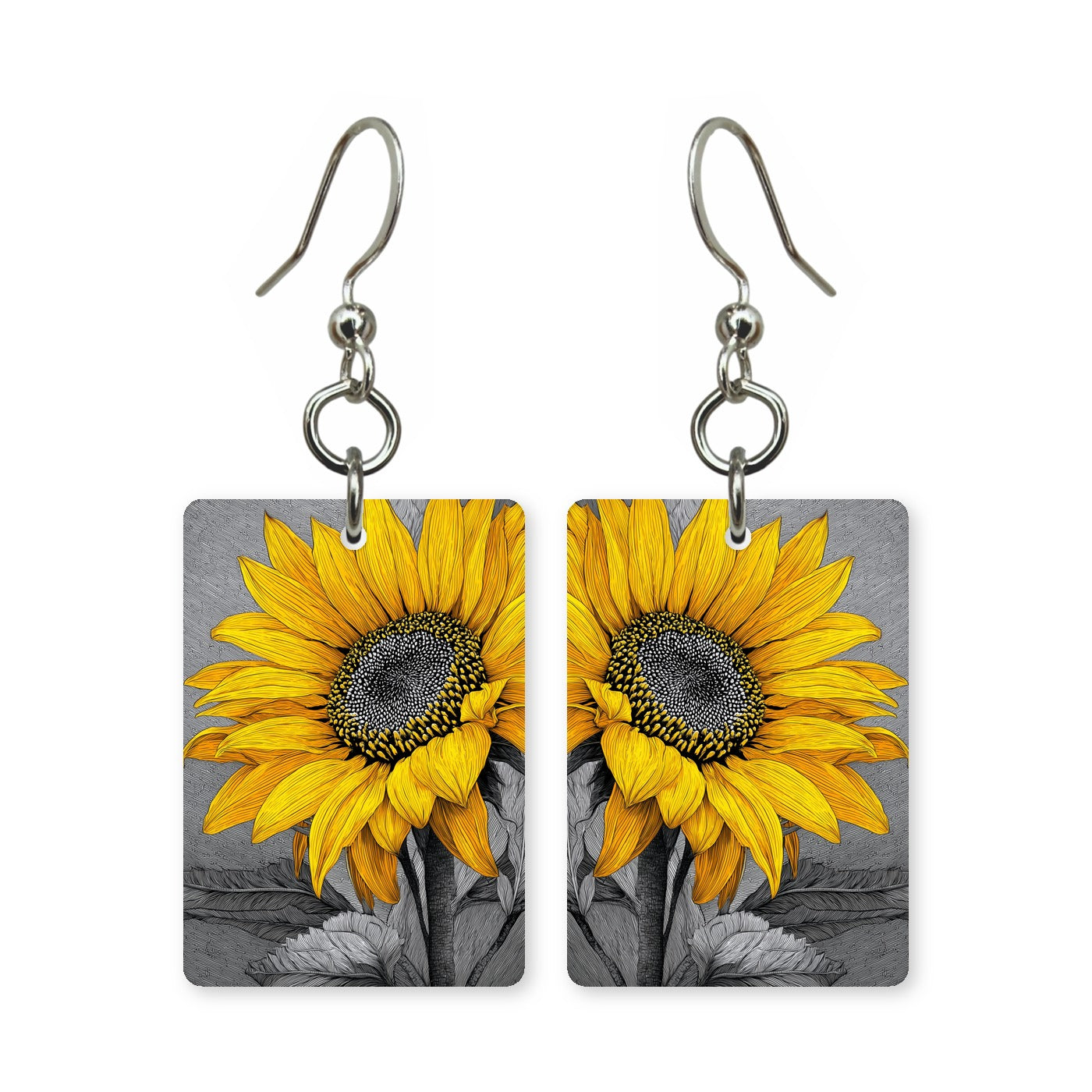 Golden sunflower earrings — sunflowers in deep warm gold, cut-paper art, made in USA