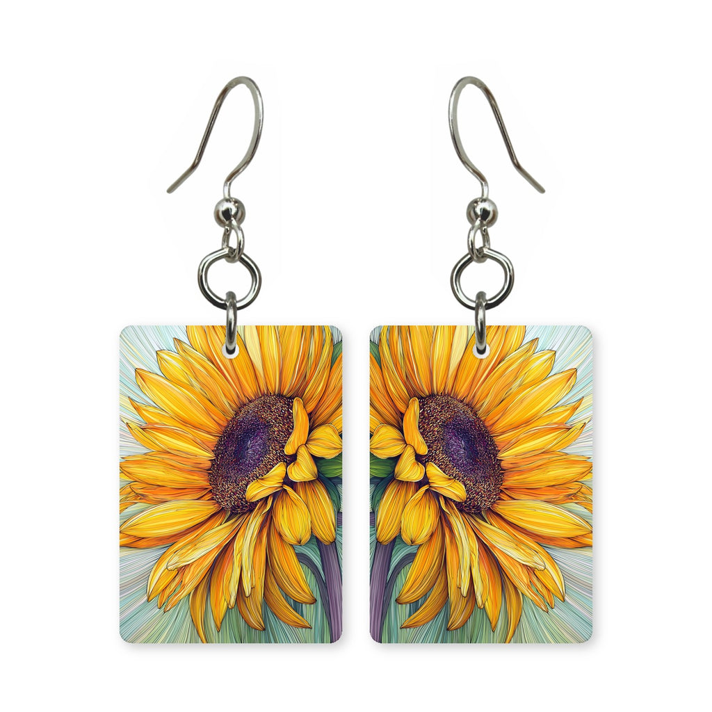 Vibrant sunflower earrings — sunflowers in bold saturated color, cut-paper art, made in USA