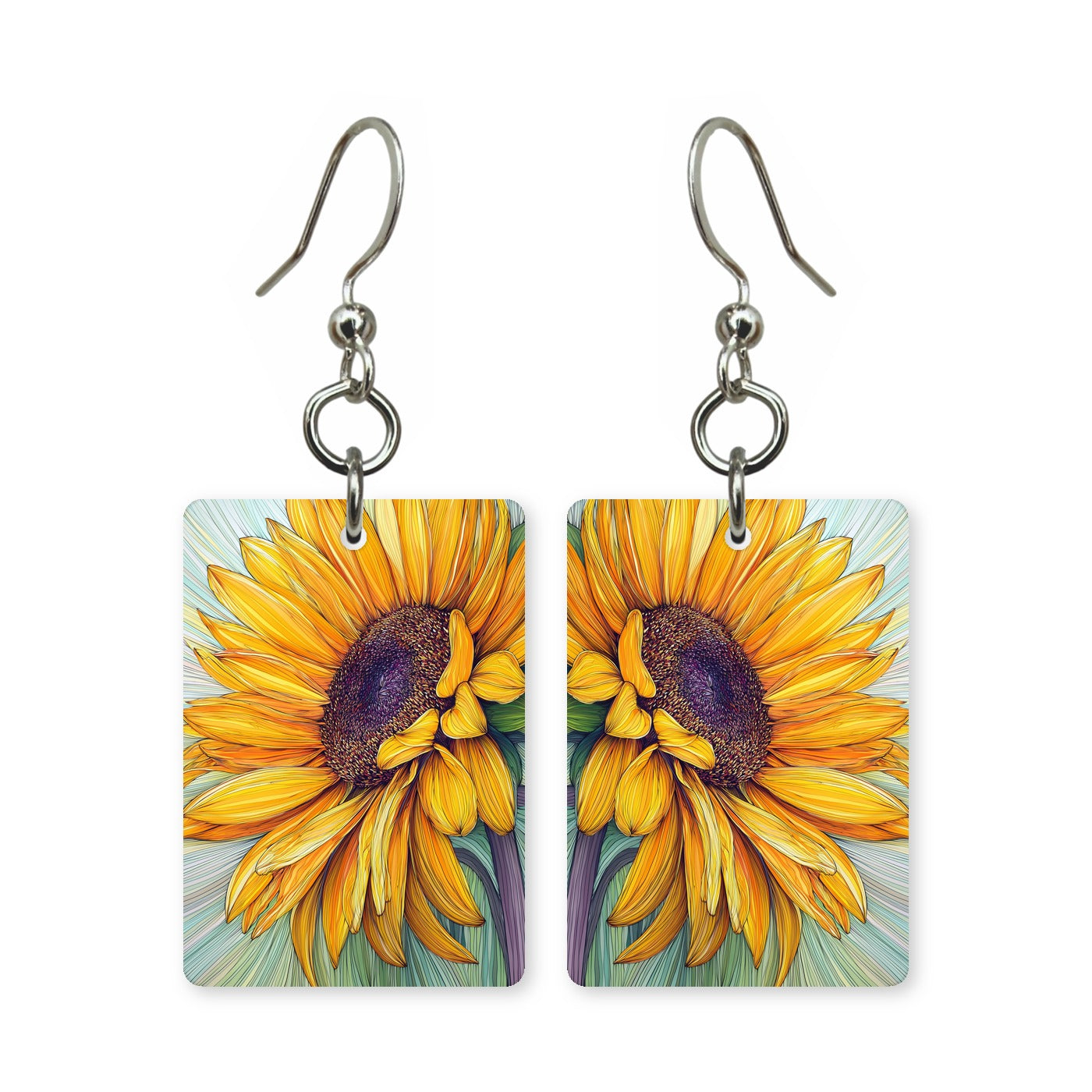 Vibrant sunflower earrings — sunflowers in bold saturated color, cut-paper art, made in USA