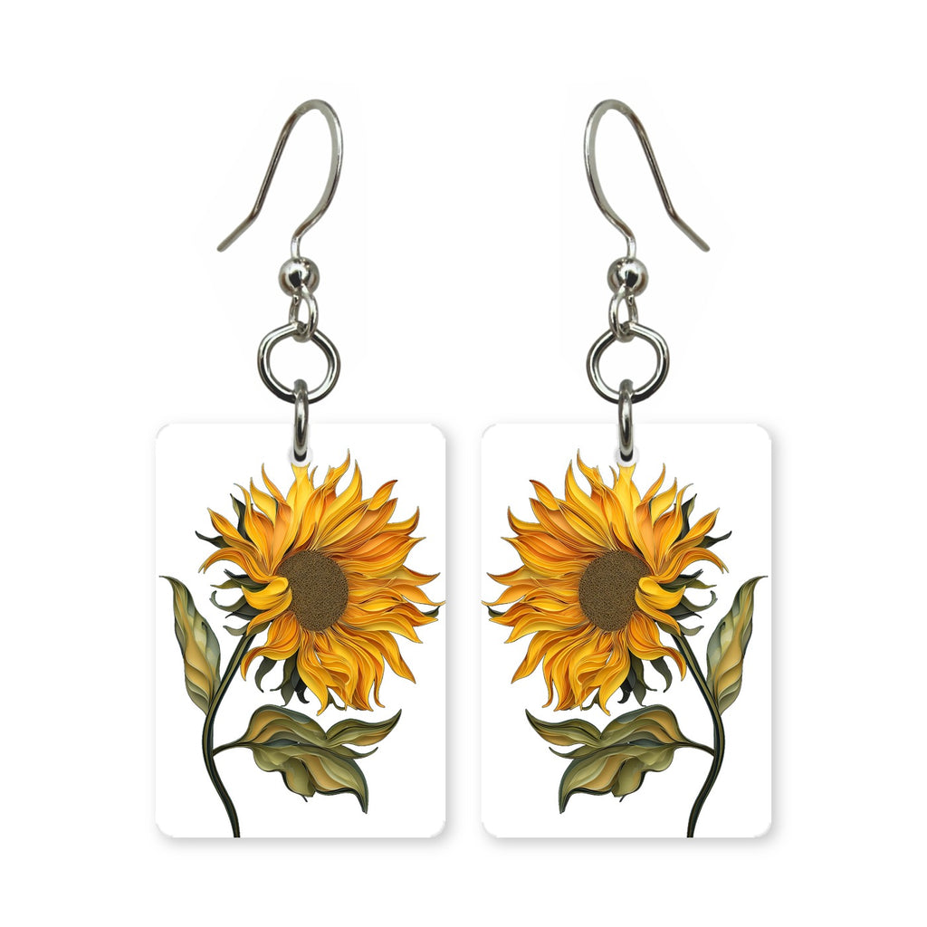 Sunflower stem earrings — single sunflower on a long stem, cut-paper art, made in USA