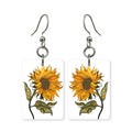 Sunflower stem earrings — single sunflower on a long stem, cut-paper art, made in USA