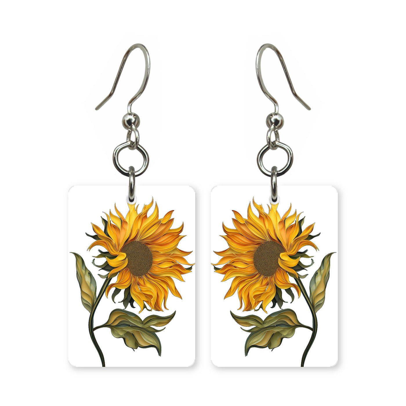 Sunflower stem earrings — single sunflower on a long stem, cut-paper art, made in USA