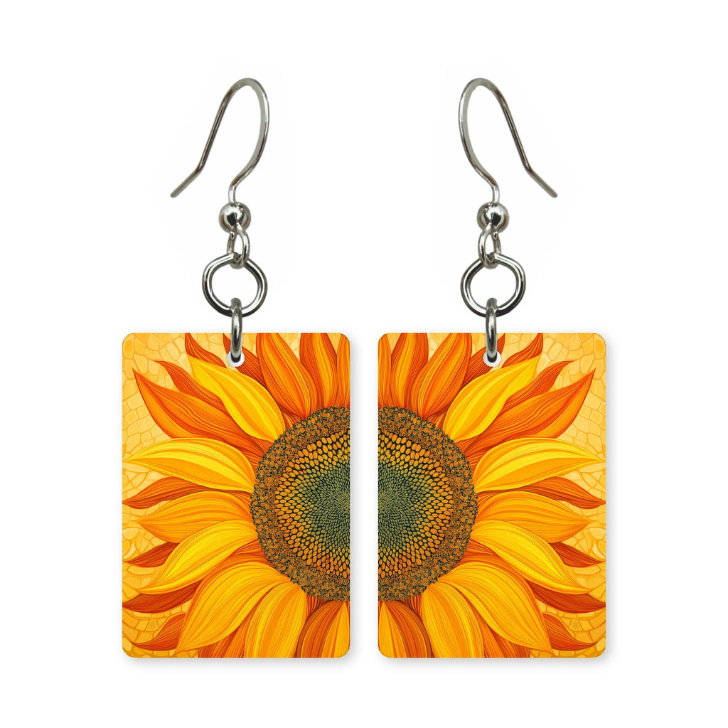 Sunset sunflower earrings — sunflowers backlit by a low sunset, cut-paper art, made in USA