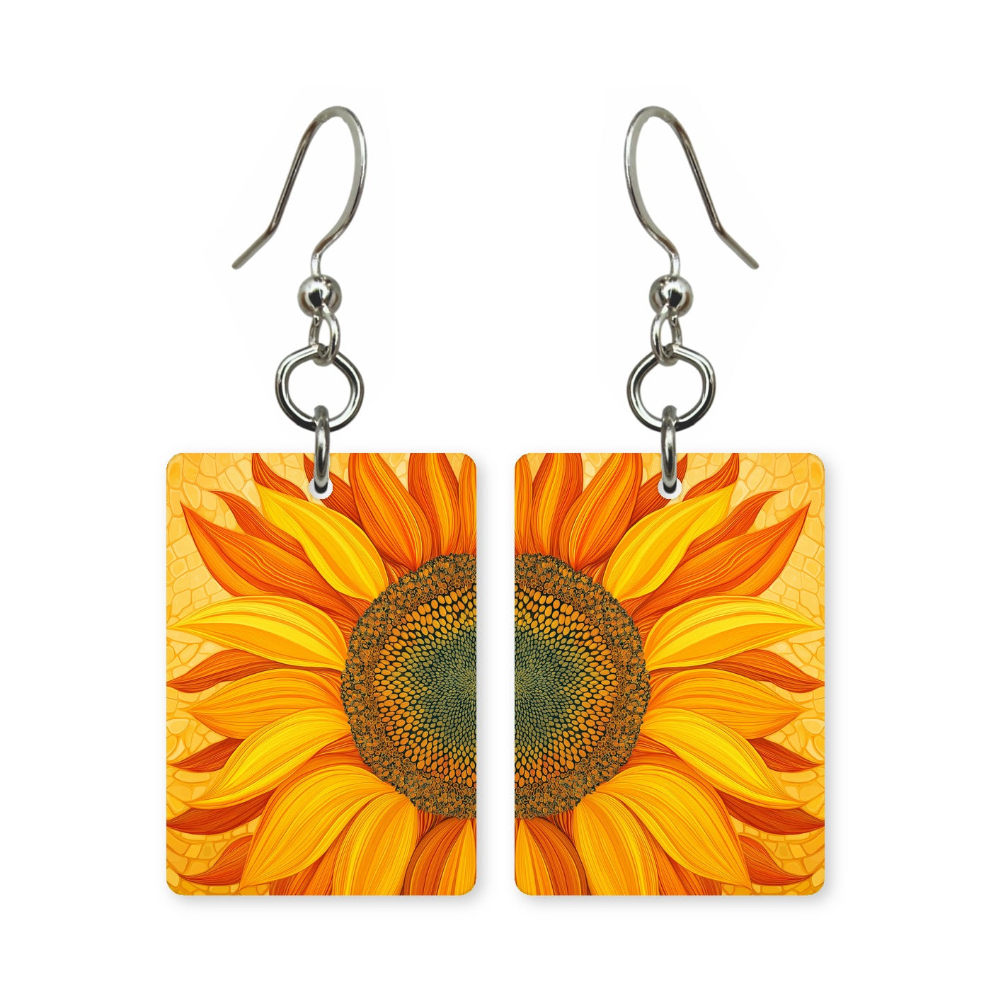 Sunset sunflower earrings — sunflowers backlit by a low sunset, cut-paper art, made in USA