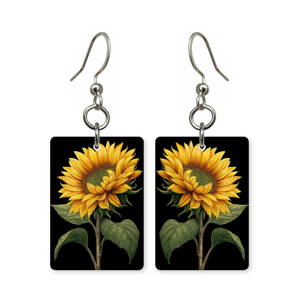 Midnight sunflower earrings — sunflowers on a deep midnight ground, cut-paper art, made in USA