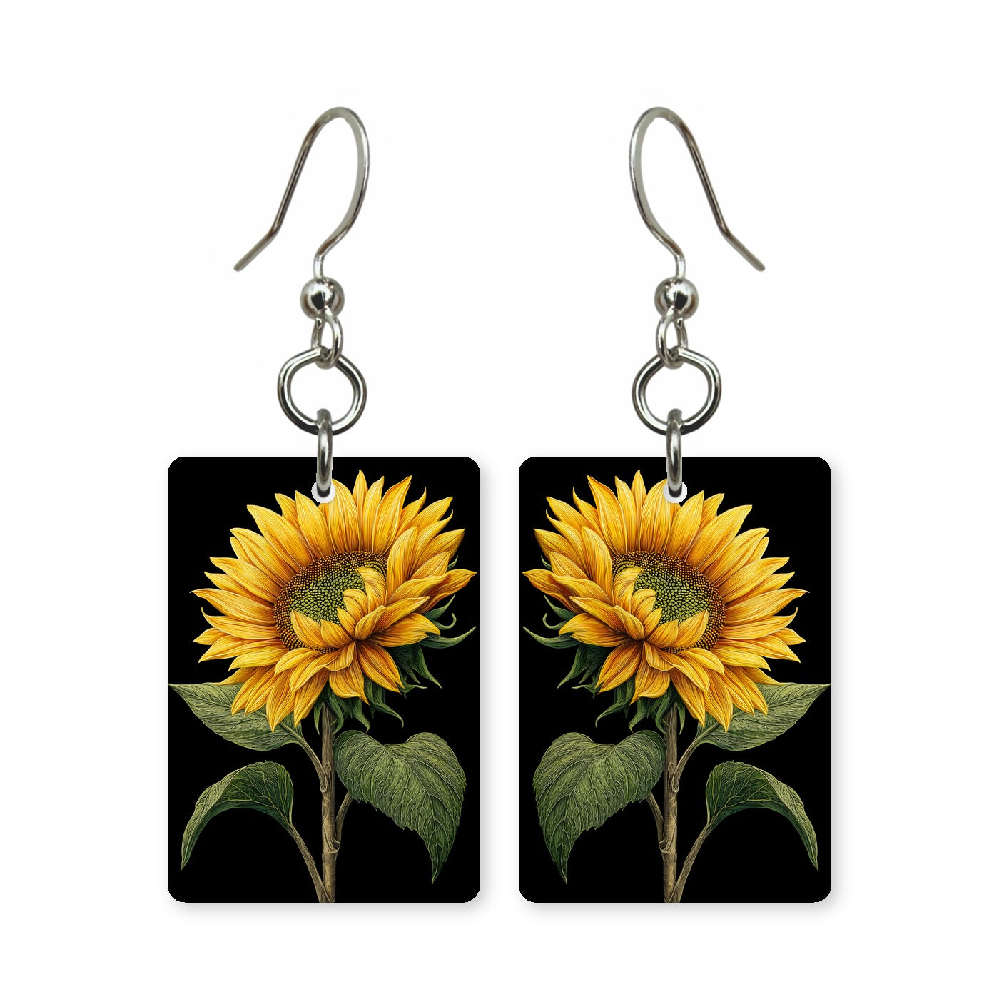 Midnight sunflower earrings — sunflowers on a deep midnight ground, cut-paper art, made in USA
