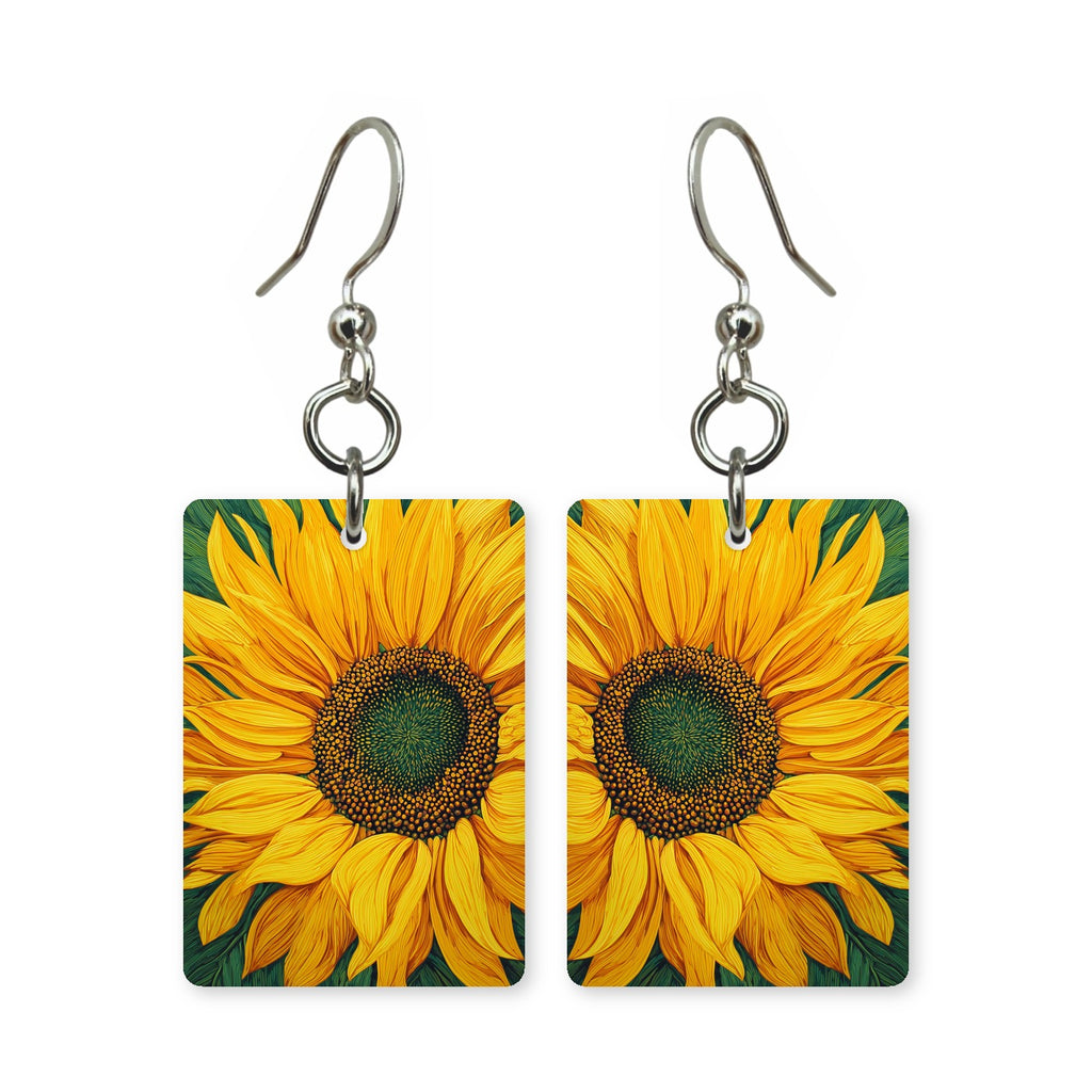 Field sunflower earrings — sunflower field running to the horizon, cut-paper art, made in USA