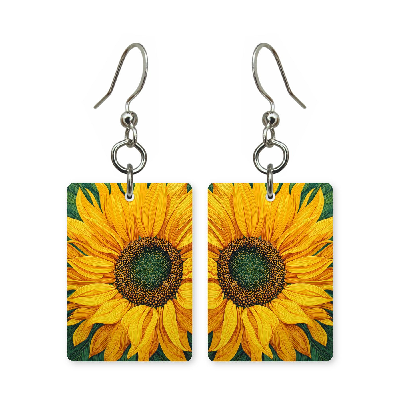 Field sunflower earrings — sunflower field running to the horizon, cut-paper art, made in USA