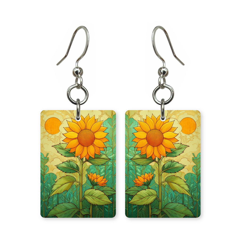 Folk sunflower earrings — sunflowers in flat folk art style, cut-paper design, made in USA