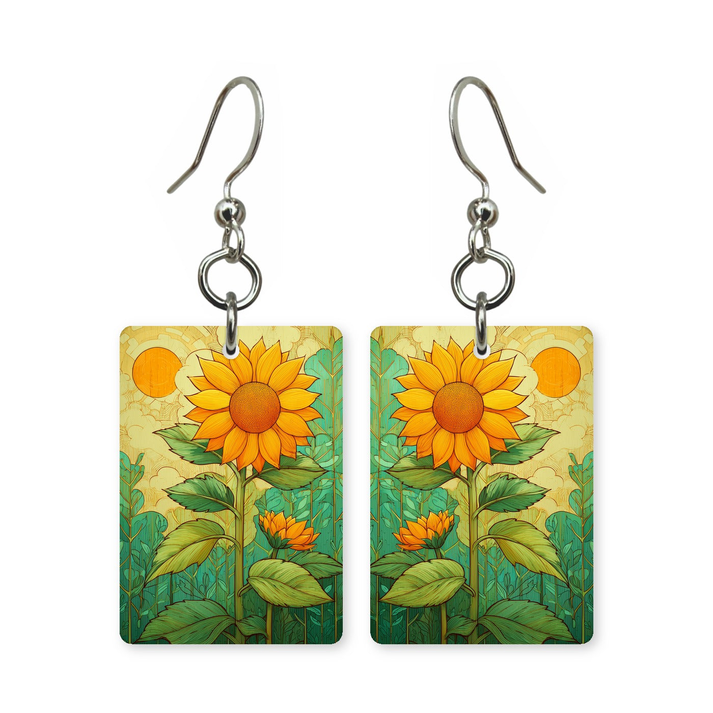Folk sunflower earrings — sunflowers in flat folk art style, cut-paper design, made in USA