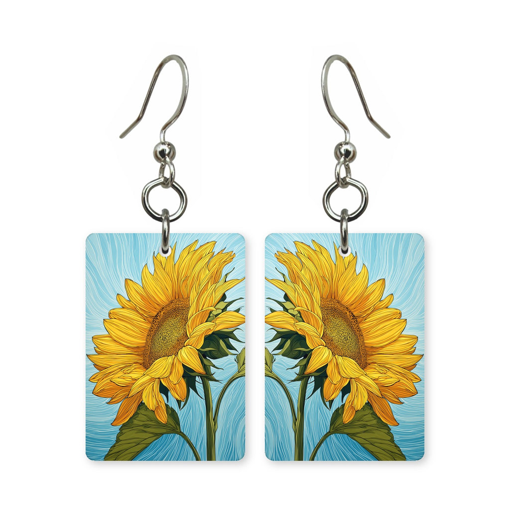 Sky sunflower earrings — sunflowers against open blue sky, cut-paper art, made in USA