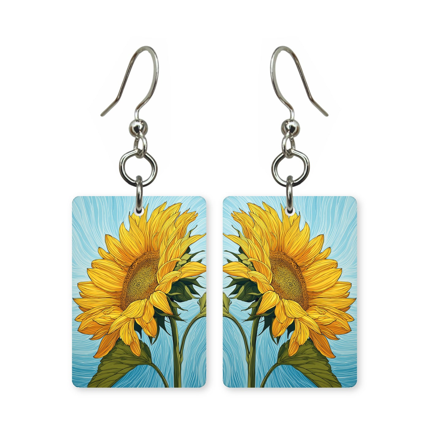 Sky sunflower earrings — sunflowers against open blue sky, cut-paper art, made in USA