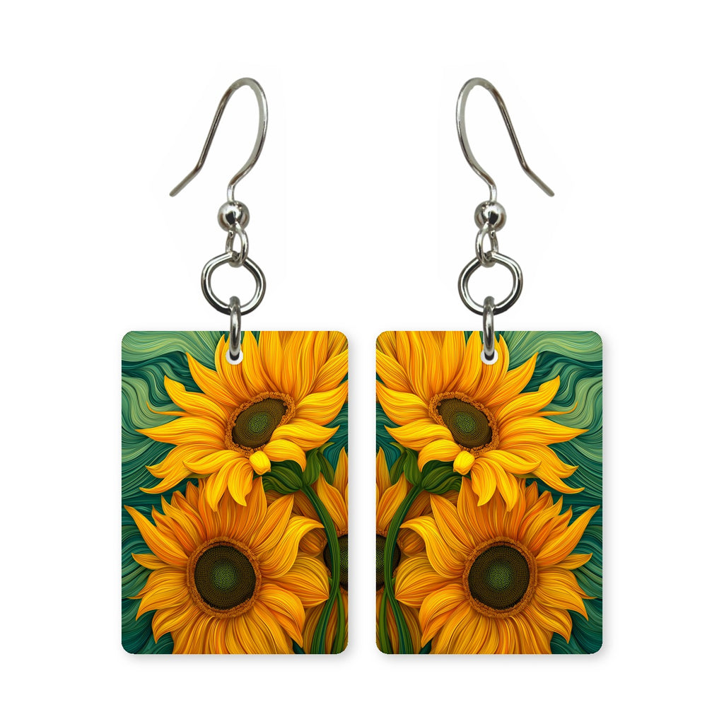 Painterly sunflower earrings — sunflowers with visible brushwork, cut-paper art, made in USA