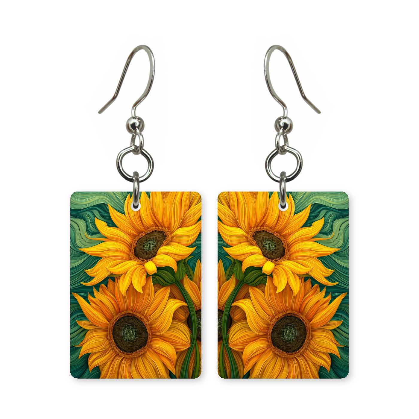 Painterly sunflower earrings — sunflowers with visible brushwork, cut-paper art, made in USA
