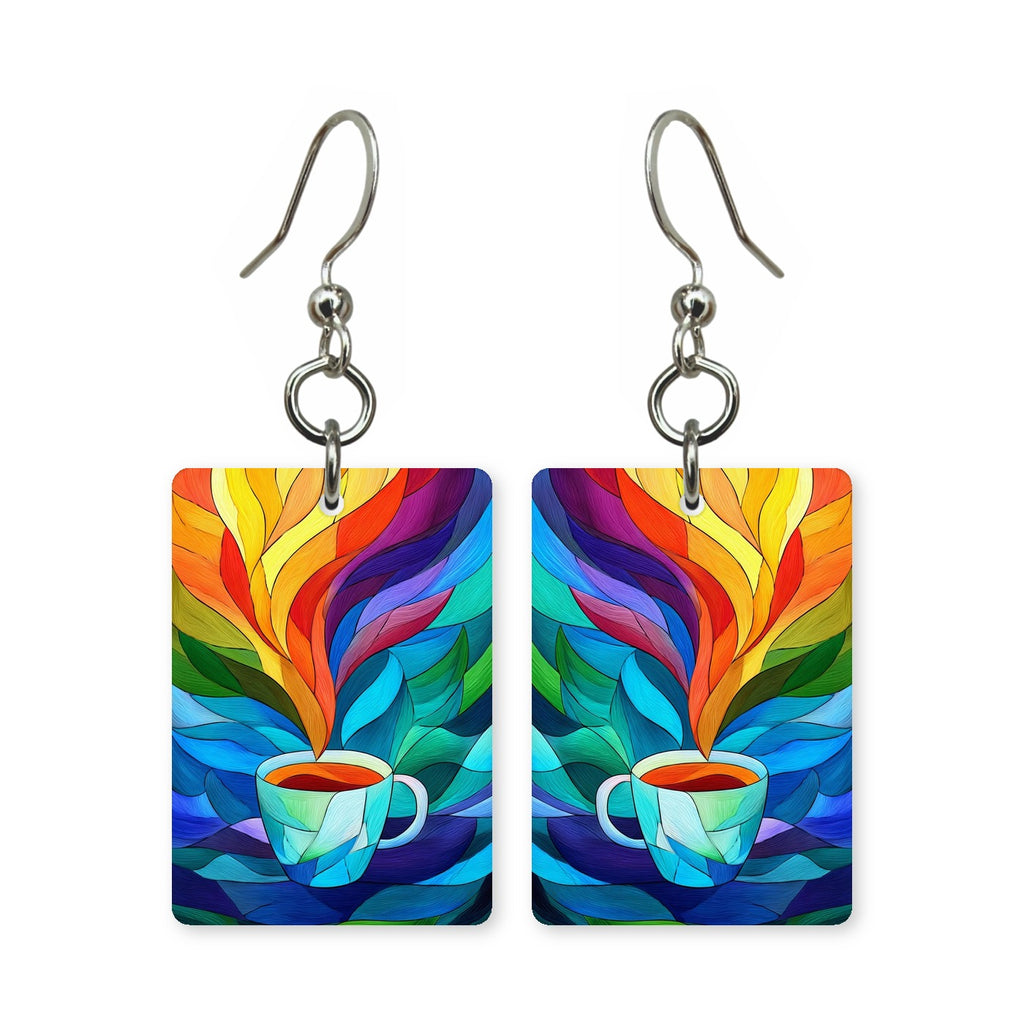 Stained glass coffee earrings — coffee cup in stained-glass color panels, made in USA