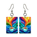 Stained glass coffee earrings — coffee cup in stained-glass color panels, made in USA