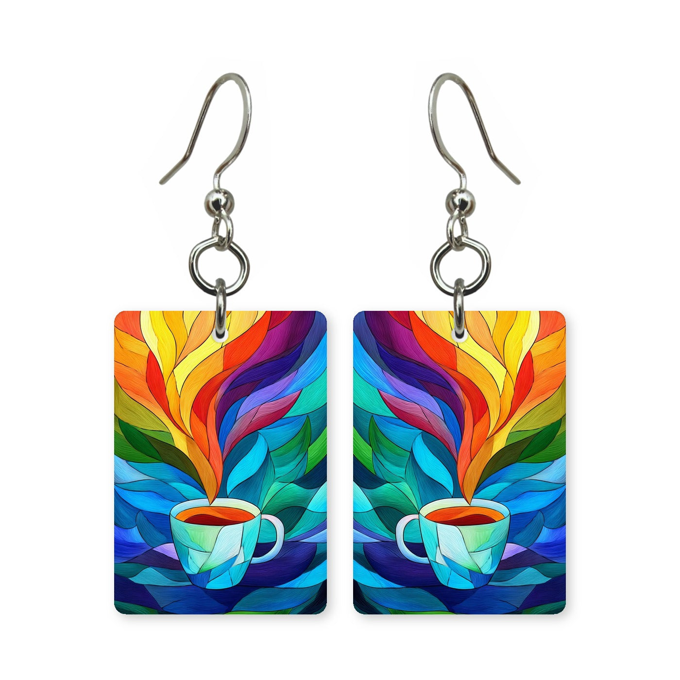 Stained glass coffee earrings — coffee cup in stained-glass color panels, made in USA