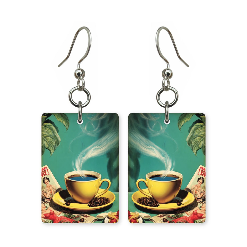 Vintage coffee earrings — retro coffee label styling in cut paper, made in USA
