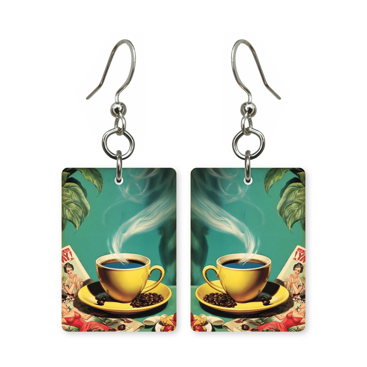 Vintage coffee earrings — retro coffee label styling in cut paper, made in USA