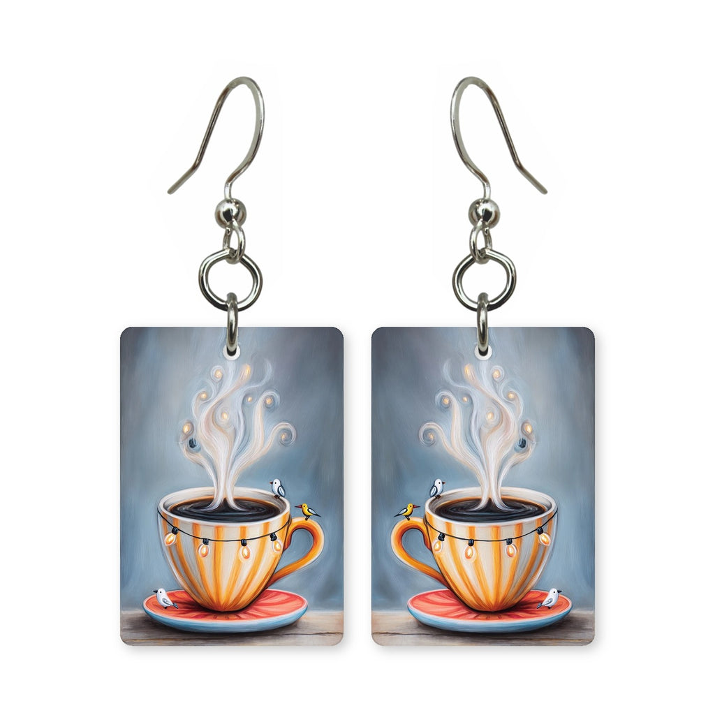 Whimsical coffee earrings — playful coffee cup design in cut paper, made in USA