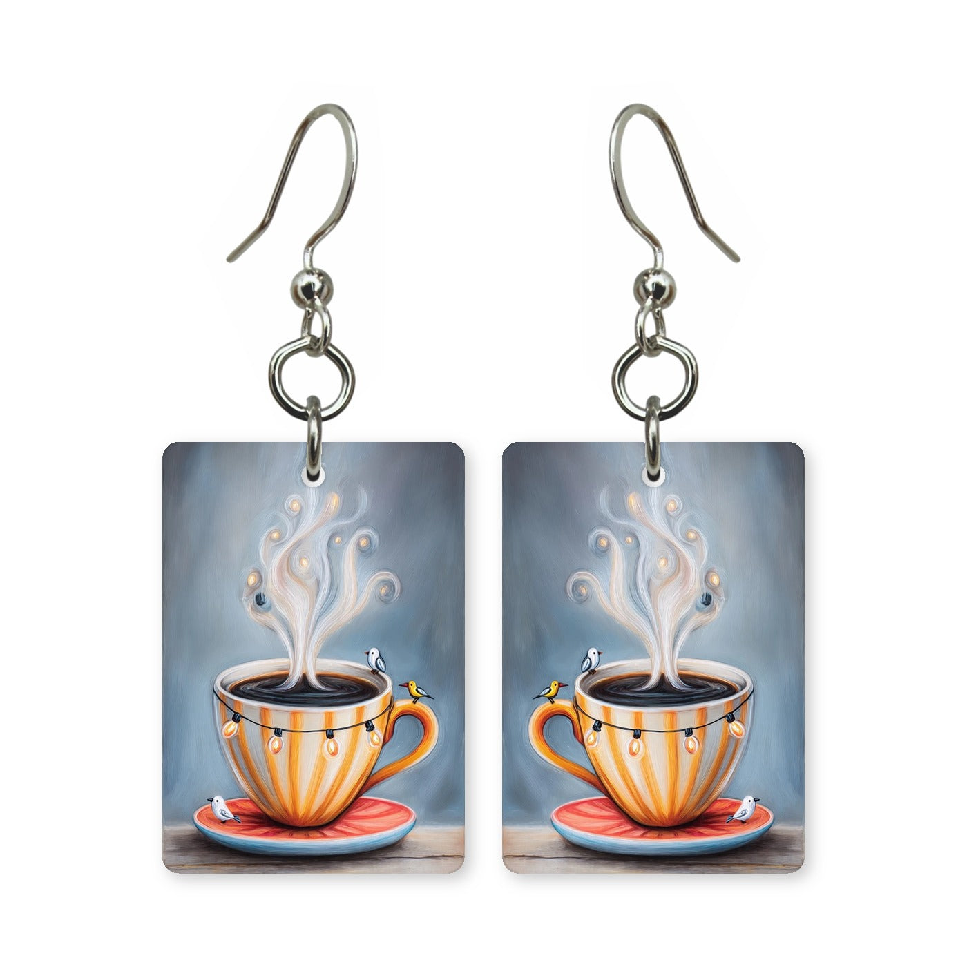 Whimsical coffee earrings — playful coffee cup design in cut paper, made in USA