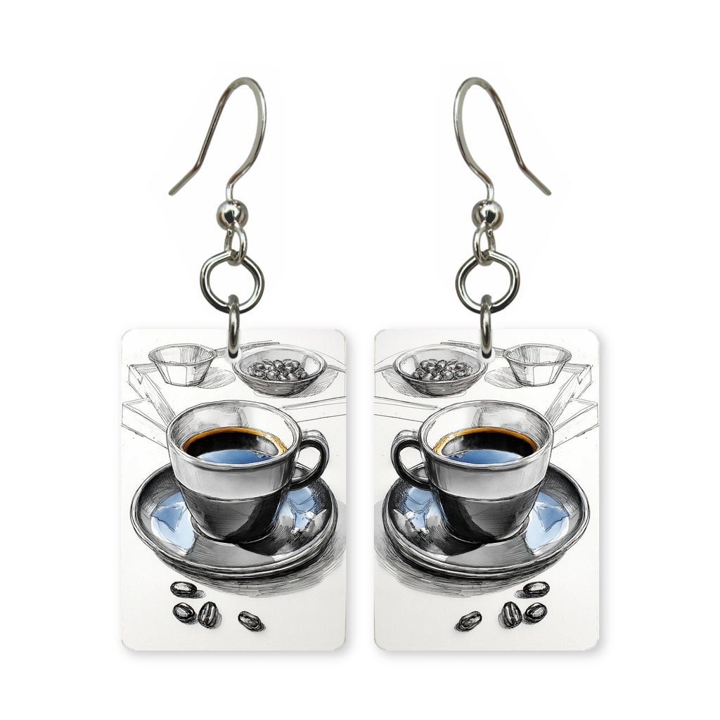 Coffee sketch earrings — coffee cup in loose line-art sketch, made in USA