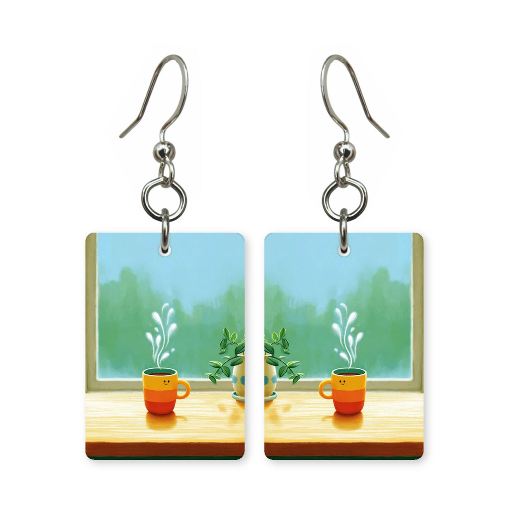 Windowsill coffee earrings — mug on a windowsill in morning light, cut-paper art, made in USA