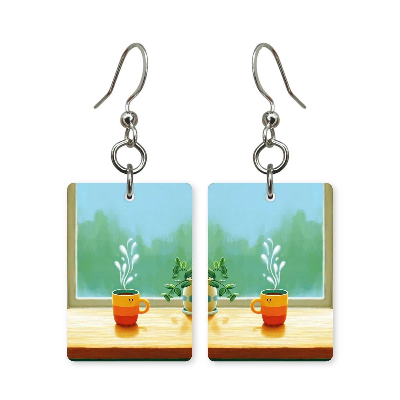 Windowsill coffee earrings — mug on a windowsill in morning light, cut-paper art, made in USA